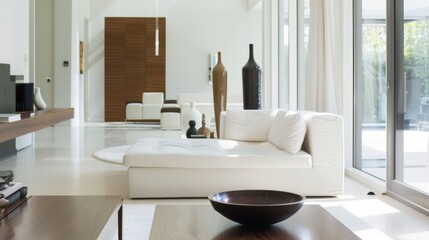 Fototapeta premium A contemporary living area with a minimalist white canvas setting, Showcasing carefully selected furnishings that embody simplicity, Reflecting a modern aesthetic with minimalist sensibilities