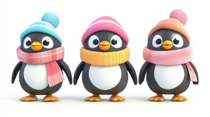 Three cheerful penguins in winter hats and scarves on a white background