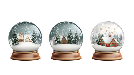 3 cheerful snow globes with winter scenes isolated on a white background