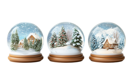 3 cheerful snow globes with winter scenes isolated on a white background