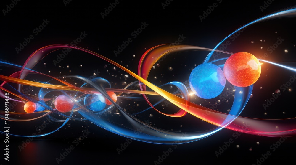 Poster artistic rendering of atomic particles in motion, intertwined with bright lines and energy waves.