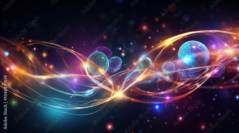 Poster artistic rendering of atomic particles in motion, intertwined with bright lines and energy waves.