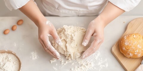 Hands kneading dough on a kitchen counter with flour and ingredients around.
