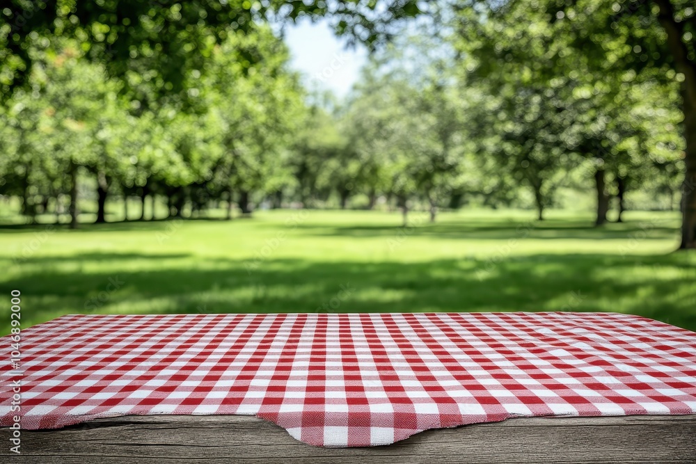 Poster empty picnic table with red and white checkered tablecloth in a park.