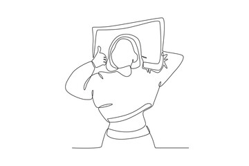 Single one line drawing young Happy woman lying with pillow. Continuous line draw design graphic vector illustration
