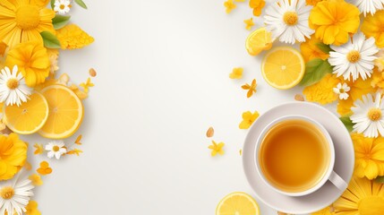 A vibrant display of yellow flowers and lemon slices surrounding a warm cup of herbal tea