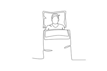 Single one line drawing young Happy man lying with pillow. Continuous line draw design graphic vector illustration