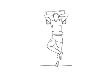 Single one line drawing young Happy woman lying with pillow. Continuous line draw design graphic vector illustration
