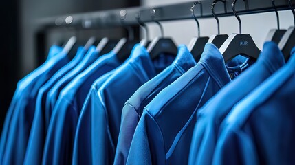 Fototapeta premium Blue Jackets Hanging on a Rack in a Clothing Store