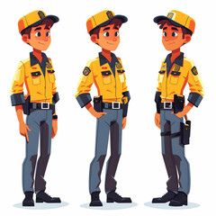 Three cartoon illustrations of a young policeman standing in different poses, wearing a yellow uniform, black belt and cap.