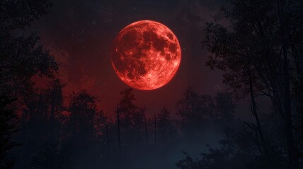 Blood Moon Rising Over a Silhouetted Forest