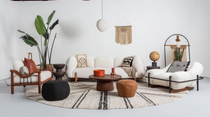A contemporary lounge arrangement against a white canvas backdrop, Featuring minimalist furniture arranged in a circular formation, Boho-chic style