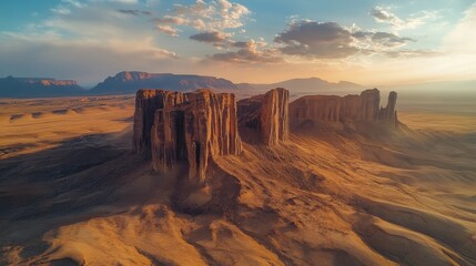 Drone view of a stunning desert landscape with dramatic rock formations.