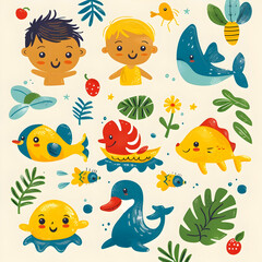 Colorful cartoon illustration of a boy, a whale, a duck, fish, and other aquatic animals.
