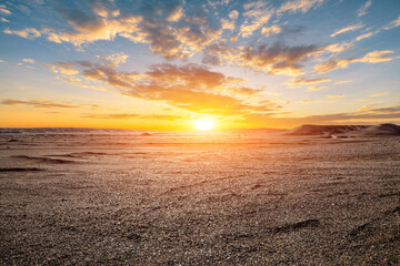 Desert sand ground and sky clouds natural landscape at sunset. car background.