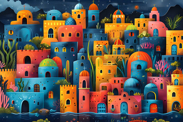 A colorful, whimsical, and fantastical illustration of a coastal town with a vibrant, dreamy aesthetic.