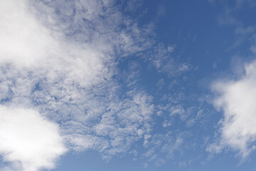 White cirrocumulus clouds are forming on a deep blue sky, creating a beautiful natural pattern