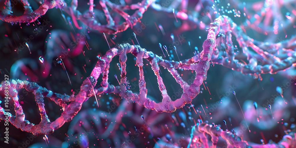 Poster a magnified view of delicate dna strands, showcasing their intricate helical structure and highlight
