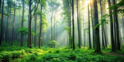 Fototapeta premium A dense forest with tall trees and a misty green atmosphere during the morning, foliage, trees, mist