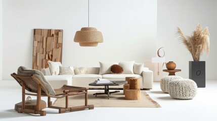 A contemporary lounge arrangement against a white canvas backdrop, Showcasing minimalist furniture in a scattered layout, Boho-chic style