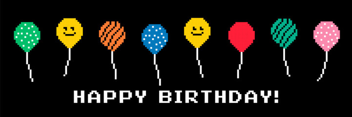 Happy Birthday horizontal background. Cute ballon pattern. Bright. Event decoration. Pixel art. Party, carnival celebration design. Vector illustration. Y2k vintage pixel icons. Game abstract element