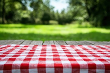 Red and white checkered picnic blanket on a wooden table with blurred background of green grass and trees.