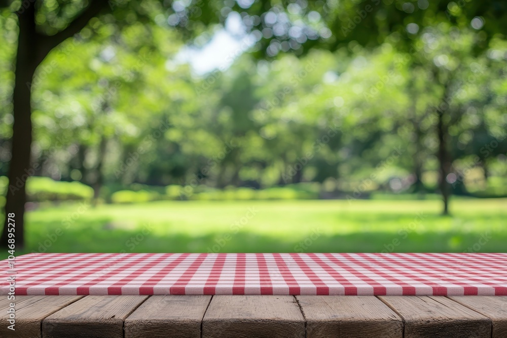Poster empty wooden table with red checkered tablecloth in front of green blurred background.