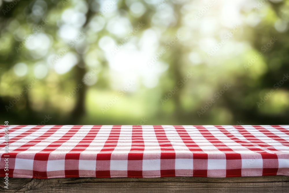 Poster empty wooden table with red and white checkered tablecloth and a blurred background of green trees a