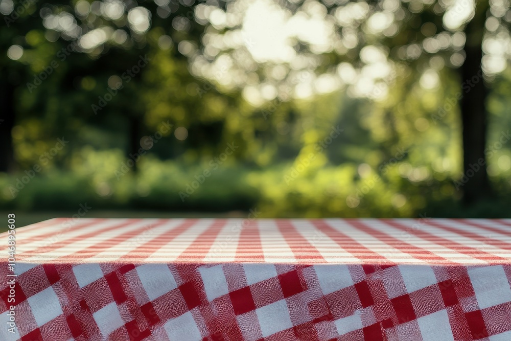 Poster red and white checkered picnic tablecloth on a table with a blurred green background of trees and gr