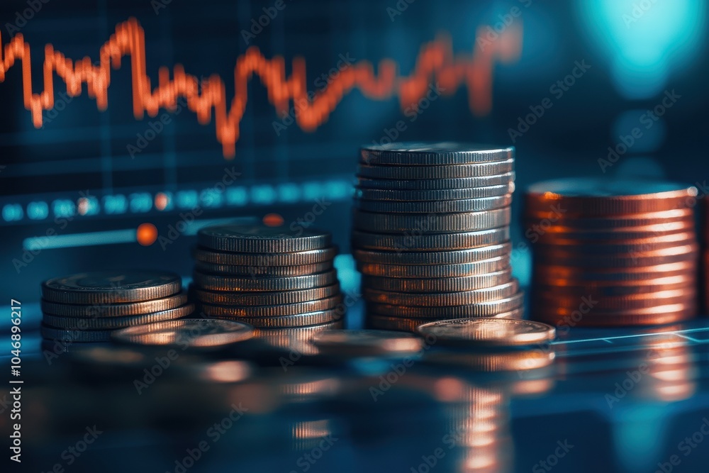 Wall mural stacks of coins arranged in ascending order on a tablet with a financial chart in the background.