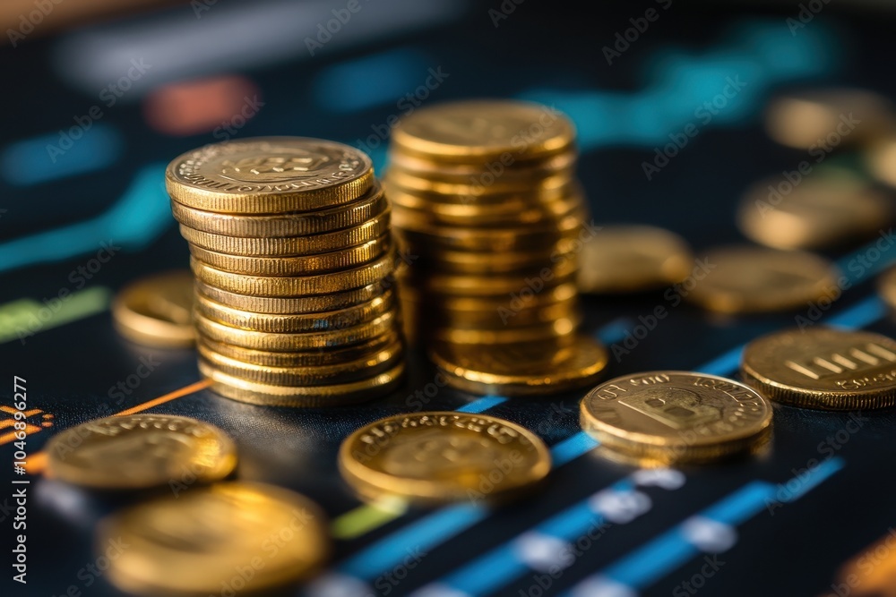 Poster two stacks of gold coins on a chart showing bitcoin value growth.