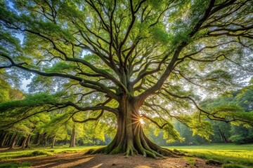Fototapeta premium A massive ancient tree standing tall in the center of an open forest glade, nature, powerful, majestic