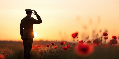 Soldier saluting against a sunset backdrop with poppy flowers.