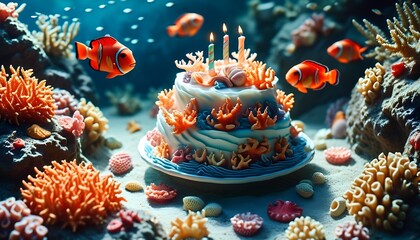 A vibrant underwater birthday celebration an artistic display of a coral reef cake surrounded by colorful fish and marine life