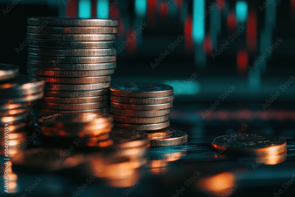 Poster a close-up of stacks of coins against a blurry background of stock market data on a computer monitor