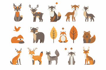 Fototapeta premium Set of cute cartoon animals deer, fox, wolf, bird in autumn style.