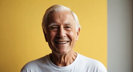 Obraz premium blonde elderly man yellow background wearing plain white tshirt smiling happy portrait