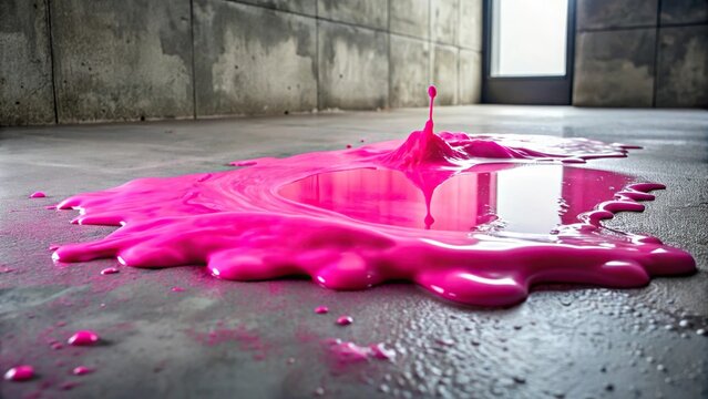 A puddle of bright pink slime spreading across a gray concrete floor, pink, spillage, concreteness, liquid