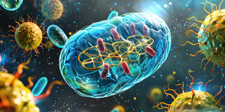 An artistic interpretation of a prokaryotic cell, emphasizing its simpler structure but similar genetic makeup as compared to eukaryotic cells.