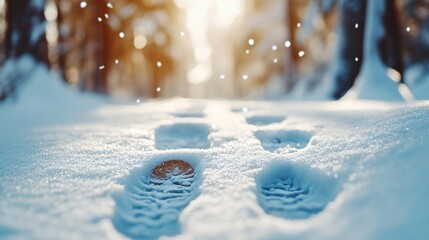 Snowy Footprints Leading Through a Serene Forest