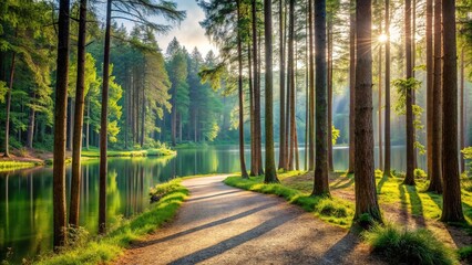 A serene forest with tall trees and a winding path leading to a tranquil lake, serenity, forest, leafy greens