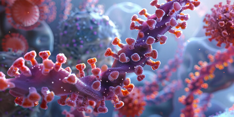 Fototapeta premium An up-close look at a virus, revealing its protein coat and genetic material, showcasing its parasitic nature and dependence on host cells for replication.