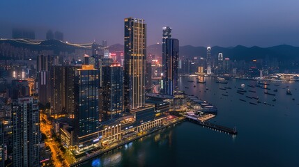 Obraz premium Modern Skyscraper Building with Green Landscaping and Blue Sky