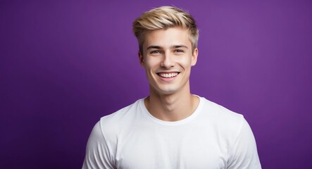 Obraz premium blonde young man purple background wearing plain white tshirt smiling happy portrait