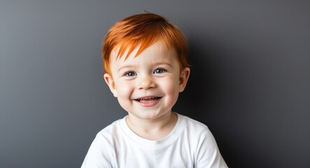 Fototapeta premium redhead toddler boy black background wearing plain white tshirt smiling happy portrait