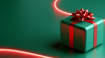 3D Colorful Gift Box with Red Bow and Neon Lights. Christmas Theme.