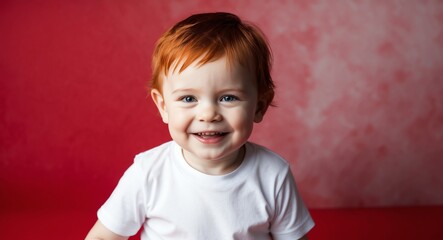 Naklejka premium redhead toddler boy red background wearing plain white tshirt smiling happy portrait