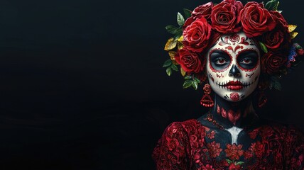 A Woman with Sugar Skull Makeup and Red Roses