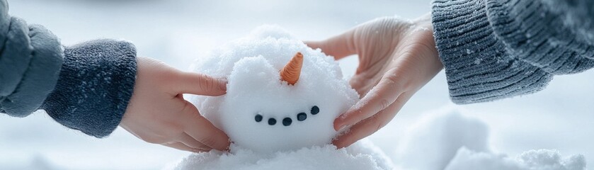 Fototapeta premium Children building a snowman together, joyful winter activity, snowy background.