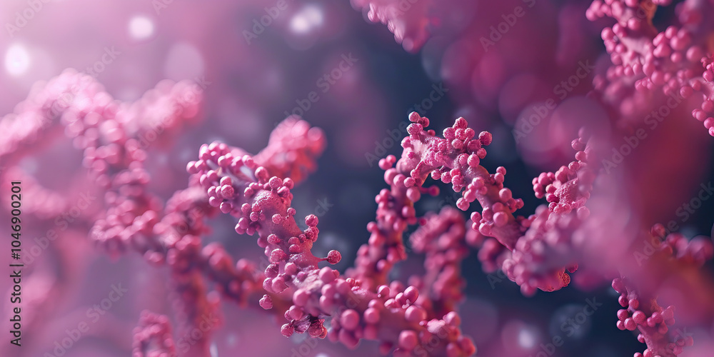 Poster the delicate balance of microscopic genetic material, emphasized by a subtle pink hue, showcasing th